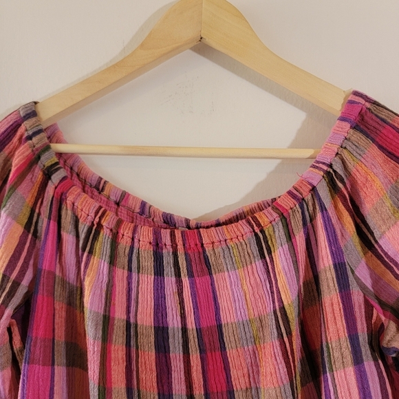 Beach Lunch Lounge Women's Red Orange Plaid Peasant Top Sz L Off Shoulder Gauze - Picture 3 of 12